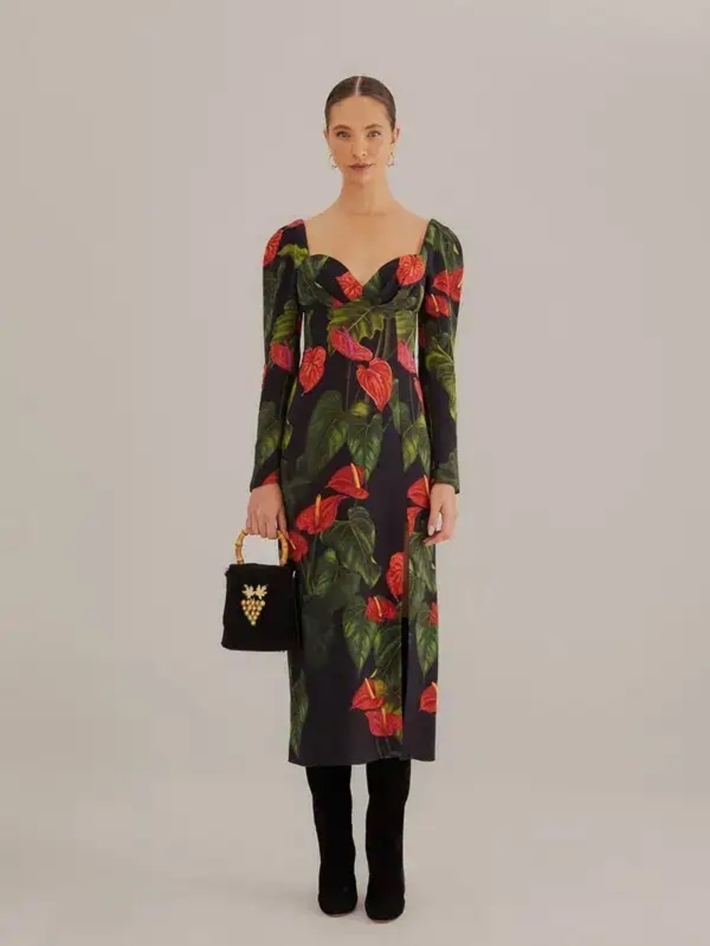 FARM Rio Black ANTHURIUM SLIT Midi Dress with Red Floral & Green Leaves SIZE S